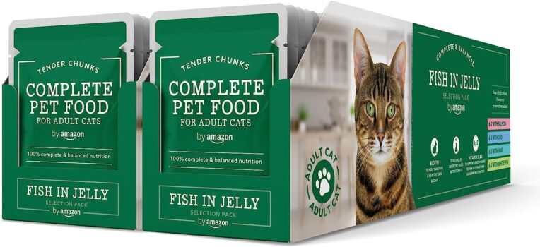 Amazon Alimento completo per gatti adulti - Selezione di pesce in gelatina, 4.8 kg, 48 Confezioni da 100g